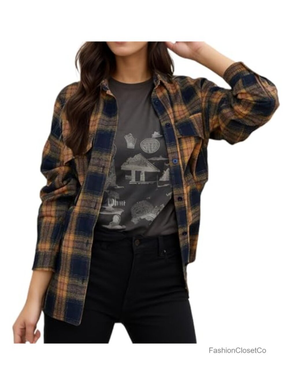 Womens Casual Cuffed Long Sleeve Button Down Plaid Flannel Shirt
